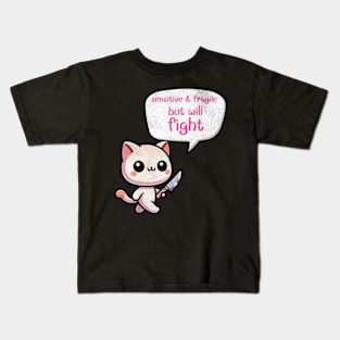 Sensitive and Fragile But Will Fight Funny Gen Z Cat Sassy Kids T-Shirt